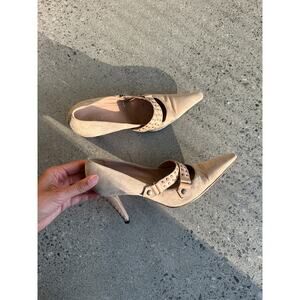 Sergio Rossi Women’s 8 Heels Tan Studded Suede Pointed Strappy Y2K Rocker